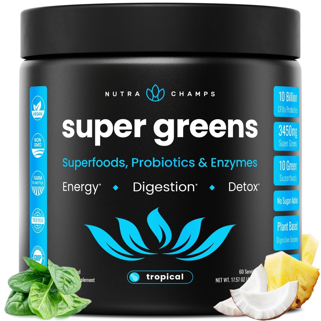 NutraChamps Super Greens Powder Premium Superalimento □ 20+ Vegetais Verdes Orgânicos inteiros Alimentos □ Erva de trigo, espirulina, chlorela □ Antioxidante, Enzima Digestiva & Misturas Probióticas (9,1 OZ, Tropical)