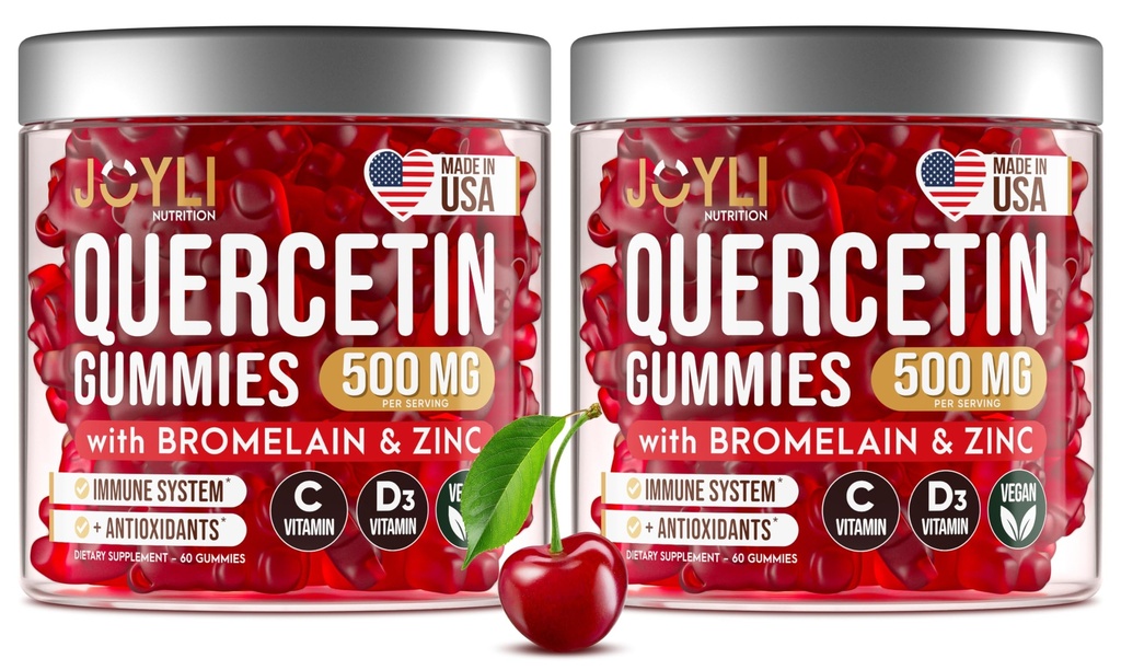 2 Pack - JOYLI Quercetin Gummies com bromelaína, zinco, vitamina C & D3 – Suplemento de Quercetin sem açúcar para suporte imunológico e bem-estar sazonal – 500mg Quercetin para crianças e adultos – 60 chicletes por embalagem