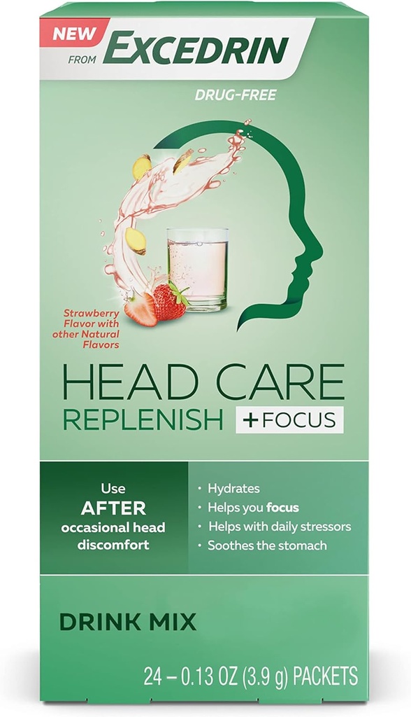 Excedrin Head Care Replenish Plus Focus From Excedrin Drink Mix with Electrolytes, L-Theanina, Ginger e Cafeína para Apoio à Saúde Head - 24 Packets