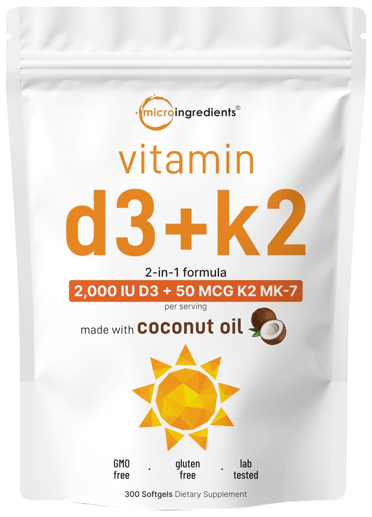 Micro Ingredientes Vitamina D3 2.000 UI + K2 MK-7 50 mcg, 300 Softgels ; Virgin Coconut Oil