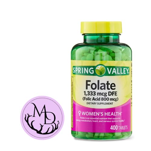 Genéricos Spring Valley Folate 1,333 mcg DFE, Ácido Fólico 800 mcg, 400 Comprimidos - Suplemento dietético, Aumento da Saúde da Mulher, Metabolismo e Apoio ao Coração - Pacote com+ Loja de adesivos Dri