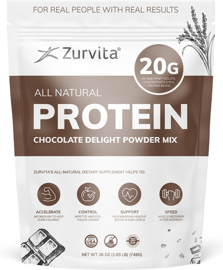 Zurvita - Chocolate Delight Protein Powder - 20g Proteína, Probióticos, 24+ Vitaminas e Minerais - Sem Adoçantes Artificiais - 26 onças (20 Serventes)
