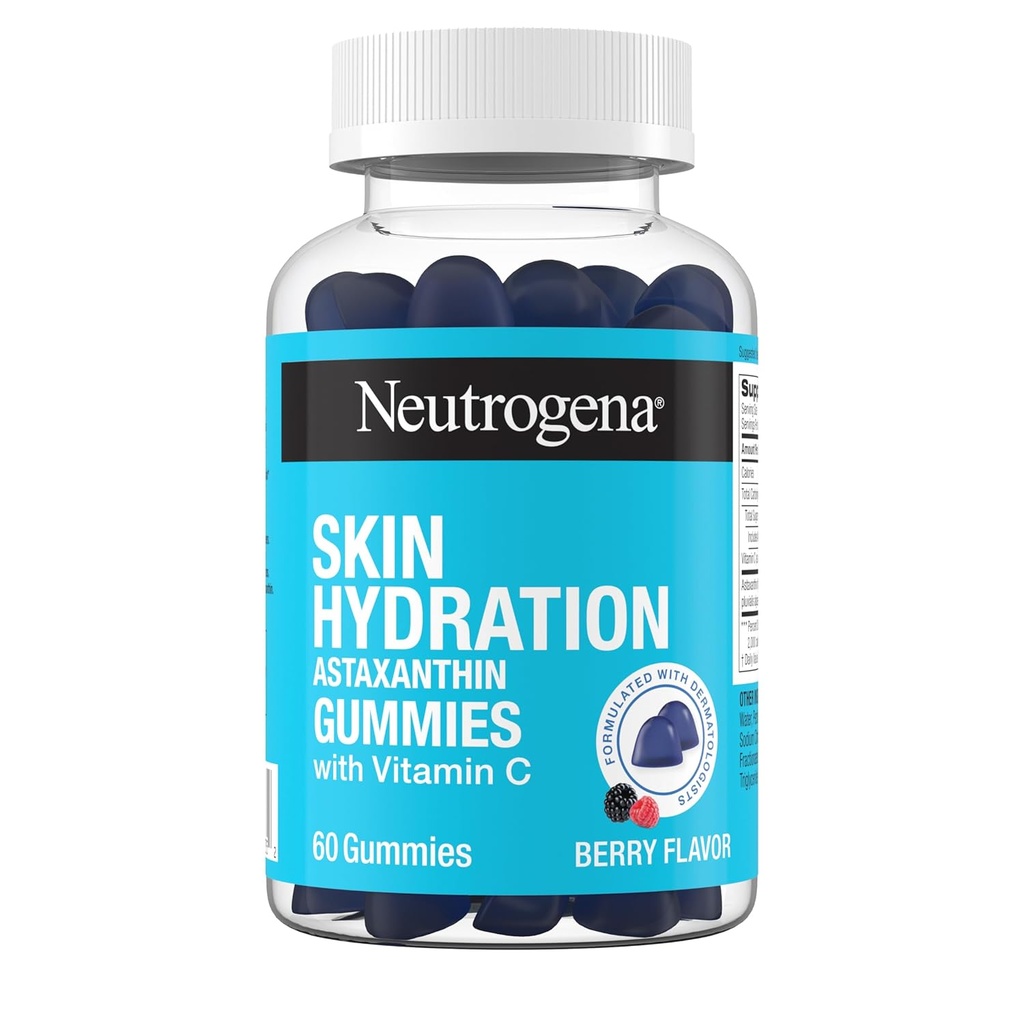 Neutrogena Hidratação da pele Pastilhas de astaxantina com vitamina C, suplementos de cuidados com a pele para pele hidratada, suave e saudável, Pastilhas diárias antioxidantes para a saúde da pele, Berry Flavor, 60 ct