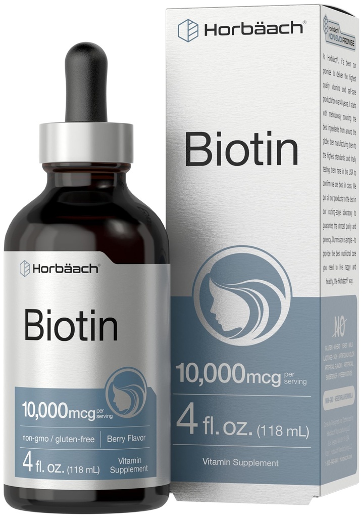Horbäach Biotin Liquid Drops 10000mcg 4 fl oz Flavor de Berry (vegetariano, não OGM e glúten) Suplemento gratuito