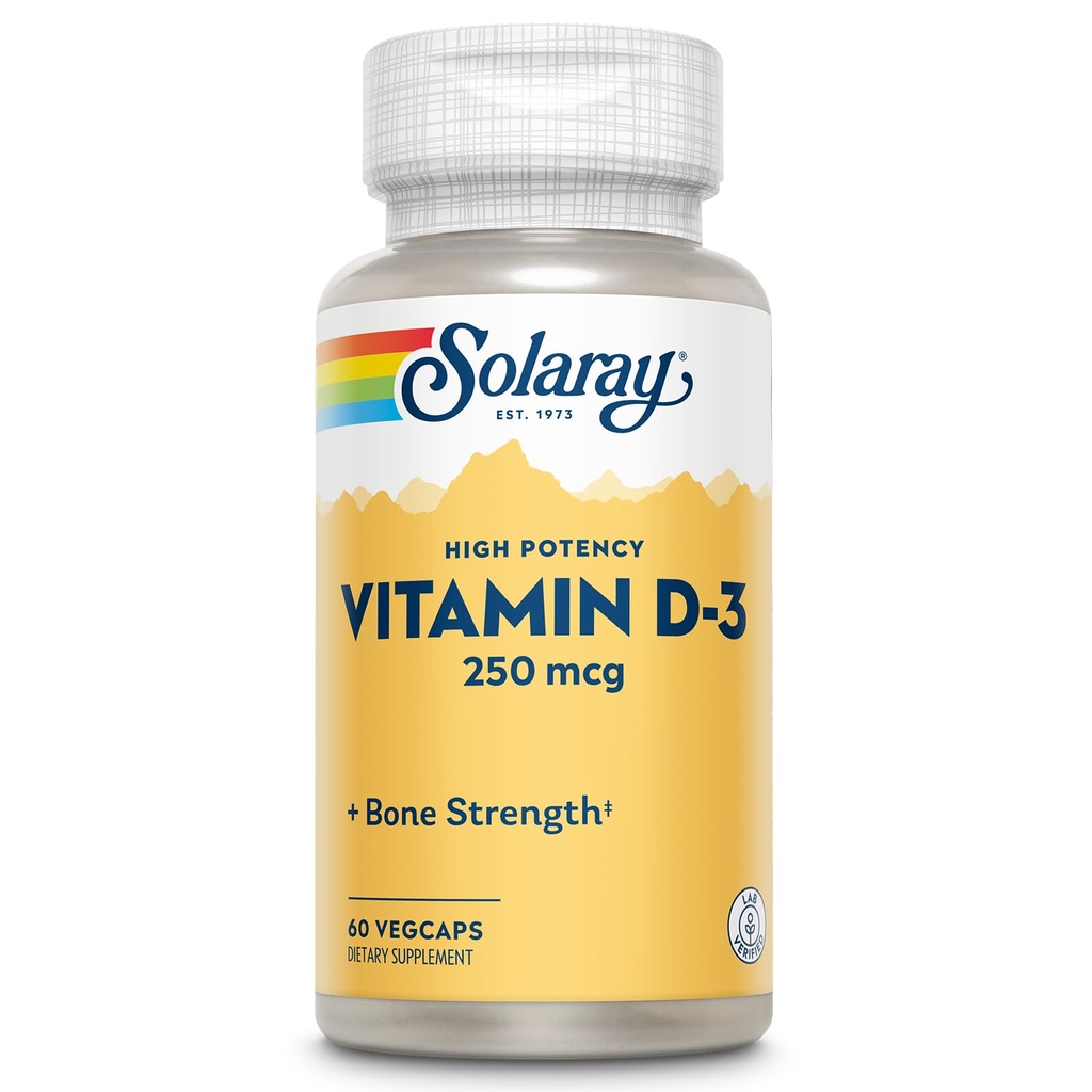 SOLARAY Vitamina D3 10000UI (250 mcg) - Vitamina D de alta potência - com VIT D3 como colecalciferol - Ossos fortes e Imune Suplemento de suporte - 60 dias de garantia, 60 Servings, 60 VegCaps