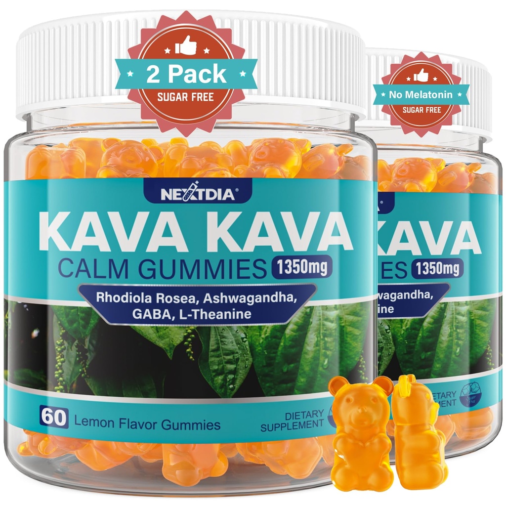 Kava Kava Gummies, Açúcar sem chicletes calmas w/Rhodiola Rosea, Ashwagandha, L-Theanina, GABA, Melatonina-Free Kava Mistura para Relaxamento, Calmo e Foco - Alternativa para Kava em pó Cápsulas, Vegan 120 Ct