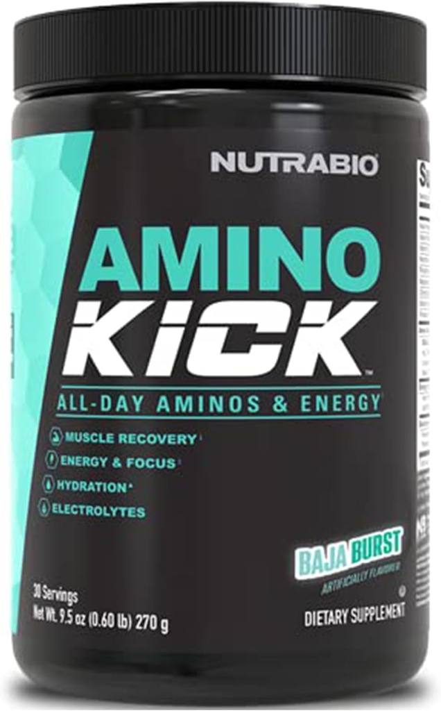 NutraBio Amino Kick – BCAA Pó com Cafeína Natural – Suplemento de Aminoácidos para Energia, Hidratação e Recuperação – BCAAs, Eletrolitos e Ácidos Amino – Baja Burst, 30 Servings