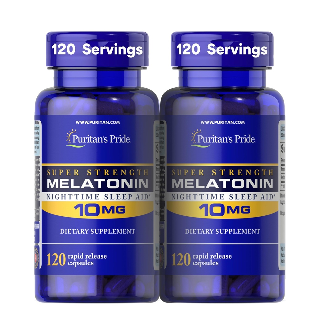 Puritan's Pride Premium Super Strength Melatonin 10mg Sleep Aid, Suplemento dietético para o som, descanso, & maior suporte ao sono, fornecimento de 4 meses, 120 cápsulas de liberação rápida, 2 Pack (Packaging May Vary)