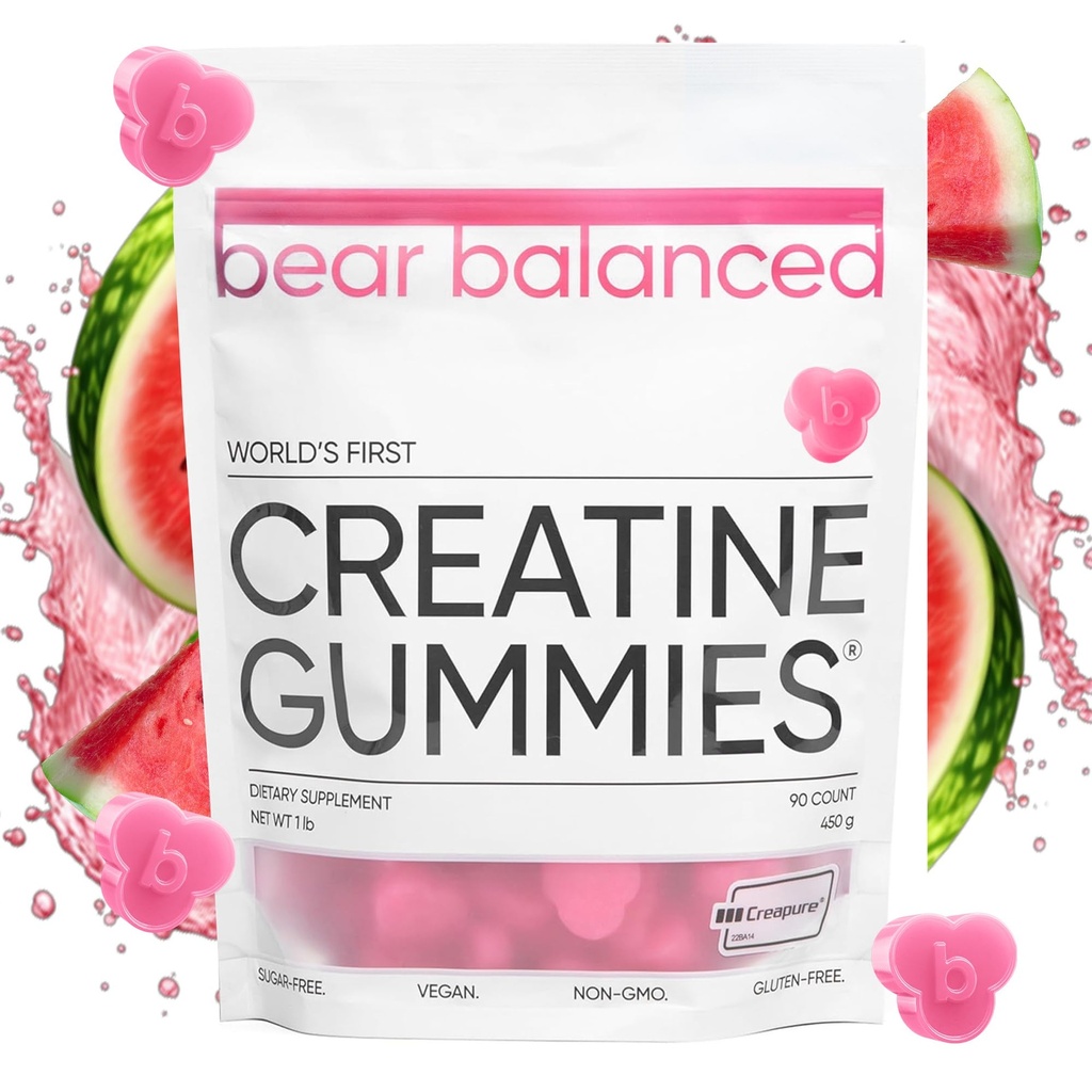 Gummies Creatina Balanceada Urso para Homens e Mulheres - Creapure® Creatina Monohidrato, L-Teanina, L-Tirosina & B12 para o crescimento muscular, Força, Foco, Energia e Saúde - Baixa Caloria, Livre de Açúcar, & Vegan