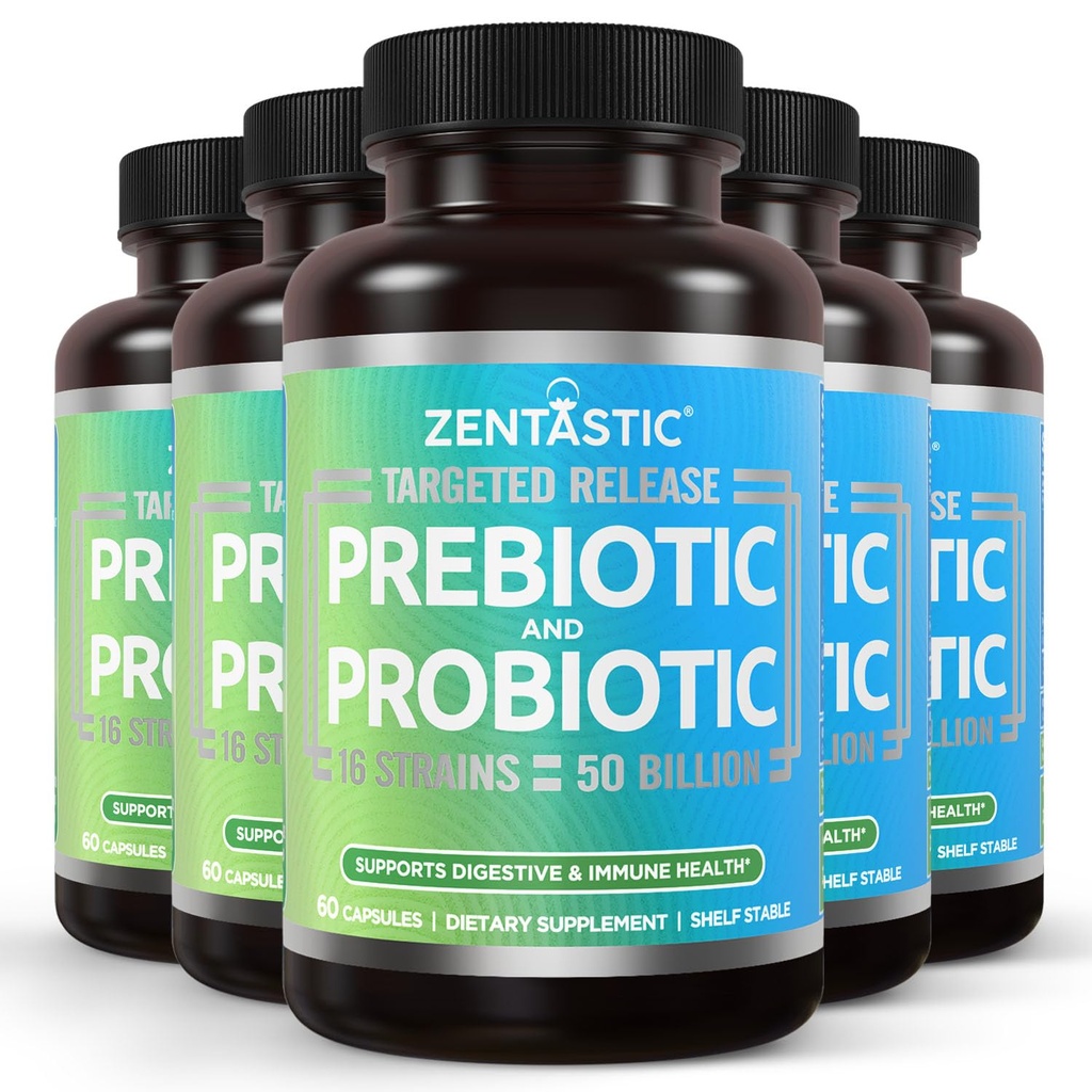 Zentastic Probióticos & Prebióticos Suplemento - 50 bilhões de UFC - para homens & Women’s Imune & Digestive Health - 16 Strains - prateleira estável - 300 cápsulas Veggie de liberação tardia