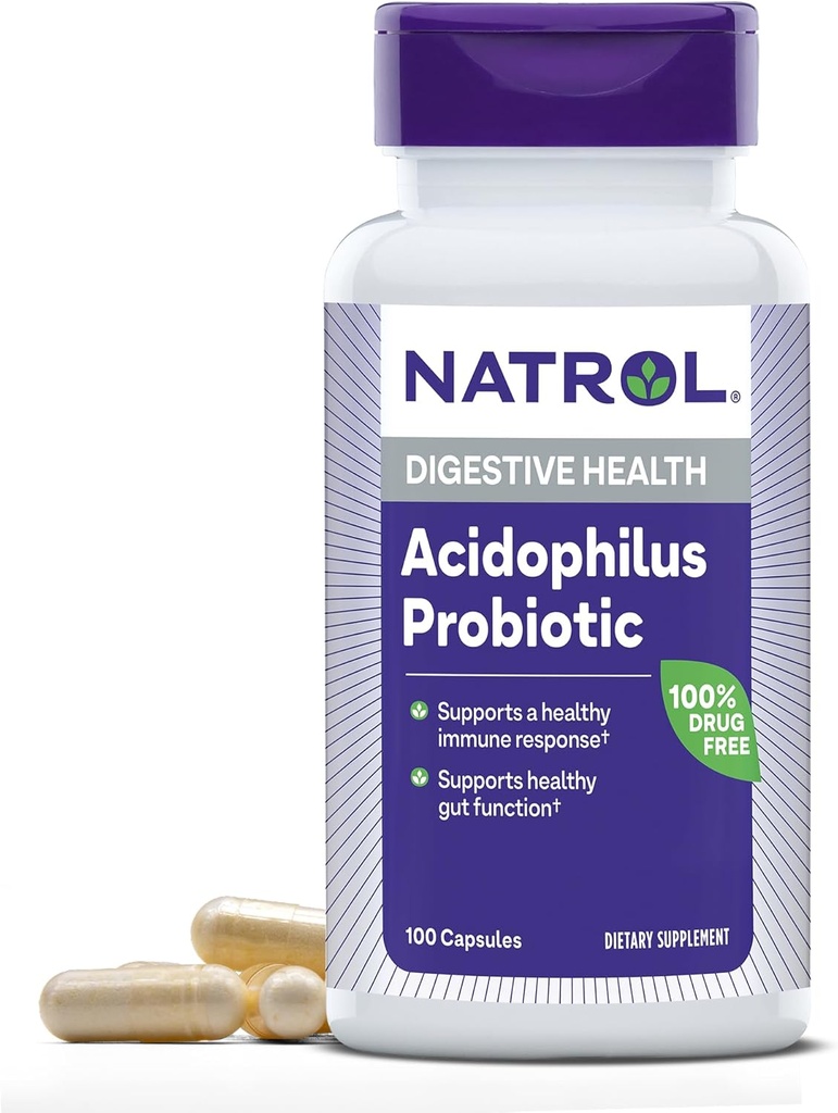 Natrol Acidophilus Probiotic 100 mg, Suplemento dietético para a função gut saudável, cápsulas de saúde digestivas para adultos, 100 cápsulas, até um fornecimento de 33 dias