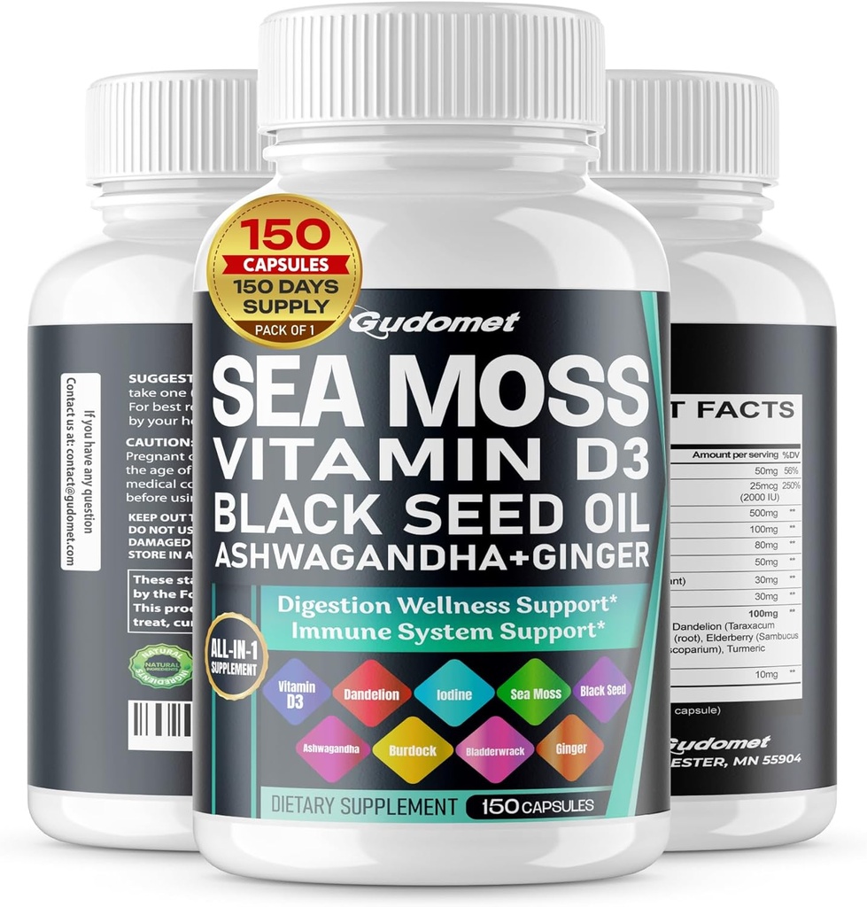 Sea Moss Black Seed Oil - All-in-1 Suplemento com vitamina C Vitamina D3 Ashwagandha Burdock Bladderwrack Ginger Apple Cider Vinagre Dandelion Yellow Dock