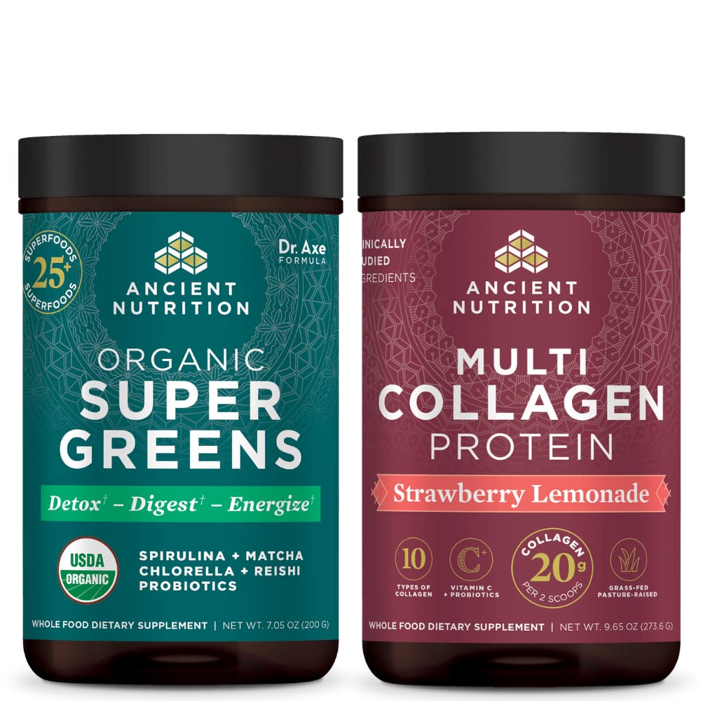 Nutrição antiga Supergreens Orgânica Pó, Greens Flavor, 25 Servings + Multi Colágeno Proteína Pó, Morango Limonada, 24 Servings