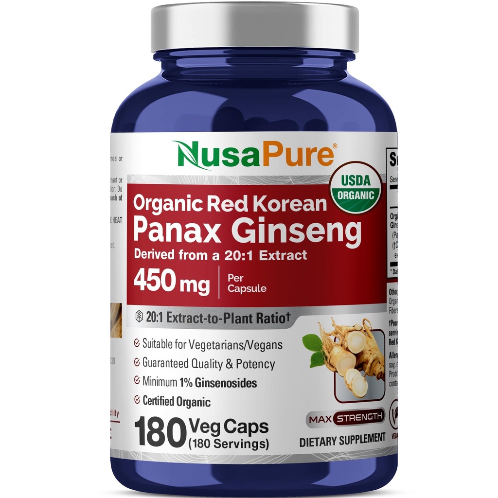 NusaPure Red Korean Panax Ginseng 20:1 Extract, 450 mg Equivalente a 9.000 mg 180 Veggie Caps (USDA Organic, Non-GMO, Vegan, Vegetarian, Bioperine)