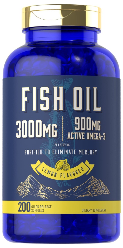 Carlyle Fish Oil 3000mg 900mg Omega 3 200 Softgels Flavor de Limão Não-GMO e Suplemento sem glúten