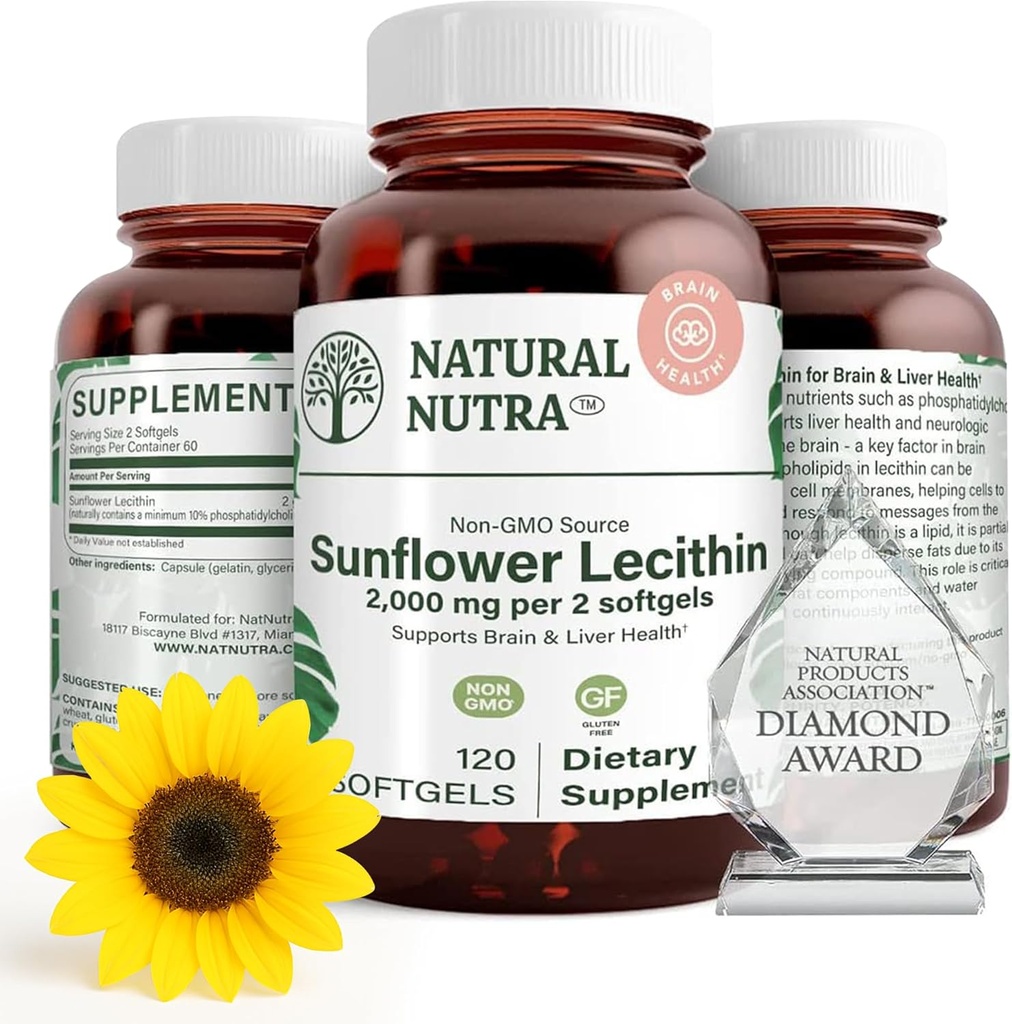 Natural Nutra girassol Lecithin 2000 mg Suplemento, Suporta Mães Amamenta com Plugged Milk Duct alívio, fígado e aumento da saúde do cérebro, livre de soja, não-GMO, sem glúten, 120 Softgels (3 Pack)