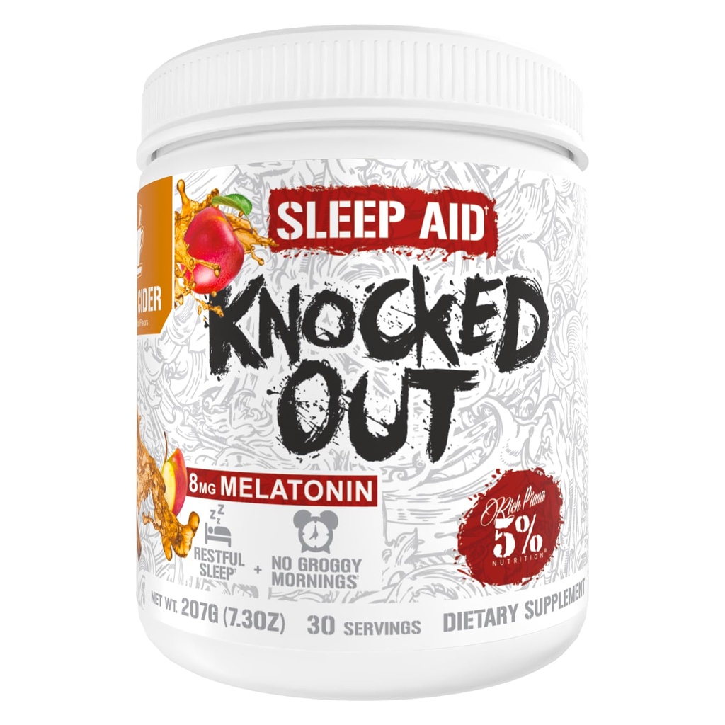 5% Nutrition Rich Piana knocked Out Natural Sleep Aid (Ajuda ao Sono Natural) pós-treino e suplemento de sono profundo (GABA), melatonina, camomila, tirosina, 5-HTP, & More (Apple Cider)
