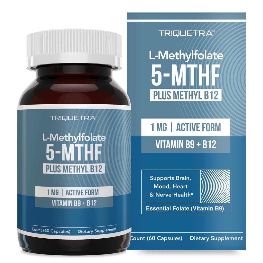 L Folato de metilo 1000 mcg Plus Cofator de metilo B12 – Forma ativa de 5-MTHF - Suporta humor, metilação, cognição – Formas bioativas altamente biodisponíveis de vitamina B9 & B12 (60 Cápsulas – 60 Servidores)