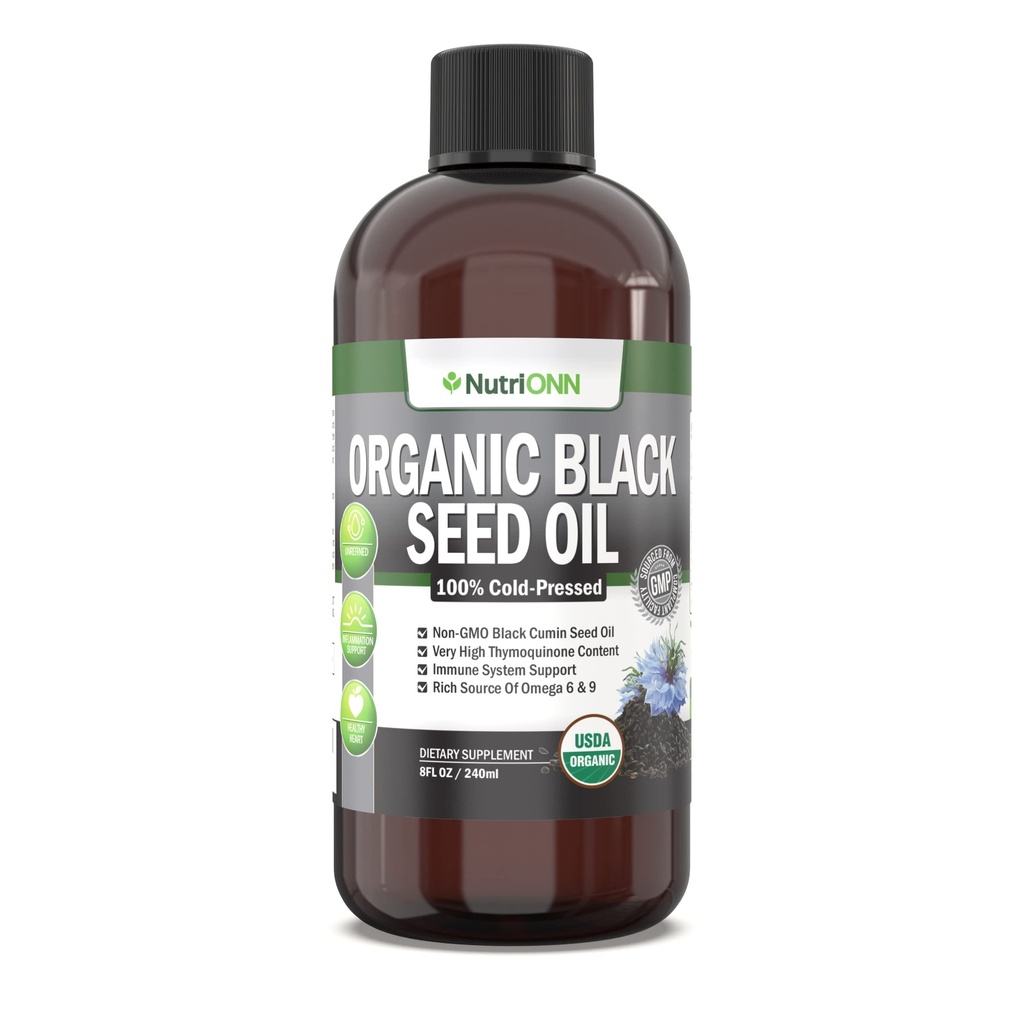 Óleo Orgânico de Sementes Negras - USDA Certified Organic Black Comin Seed Oil Liquid – Alto conteúdo de timoquinona – Não-GMO e frio – Fonte rica de ácidos gordos Omega-6 e Omega-9 - 8 Oz