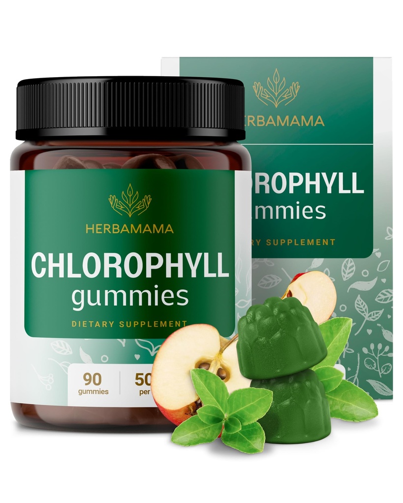 HERBAMAMA Clorofill Detox Gummies - 50mg Cobre Sódio Clorofillina Desodorante Interno para Corpo Odor Suporte - Vegan, Suplemento Antioxidante Não-GMO - 90 Pectina-Baseado Maçã-Flavored Chews