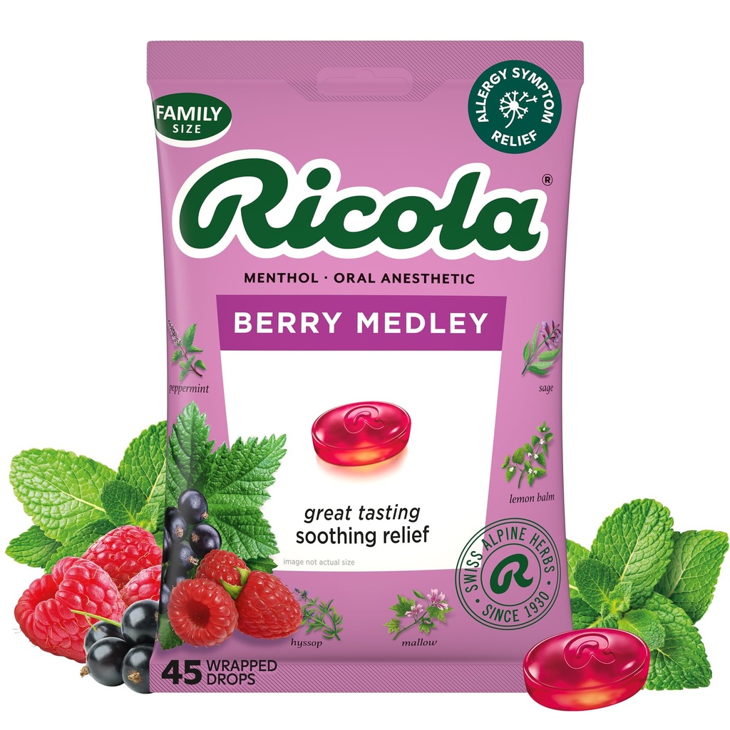 Ricola Berry Medley Garganta Gotas, 45 Conde, Delicioso alívio da garganta & cuidado, Anestesia oral, naturalmente saborosa
