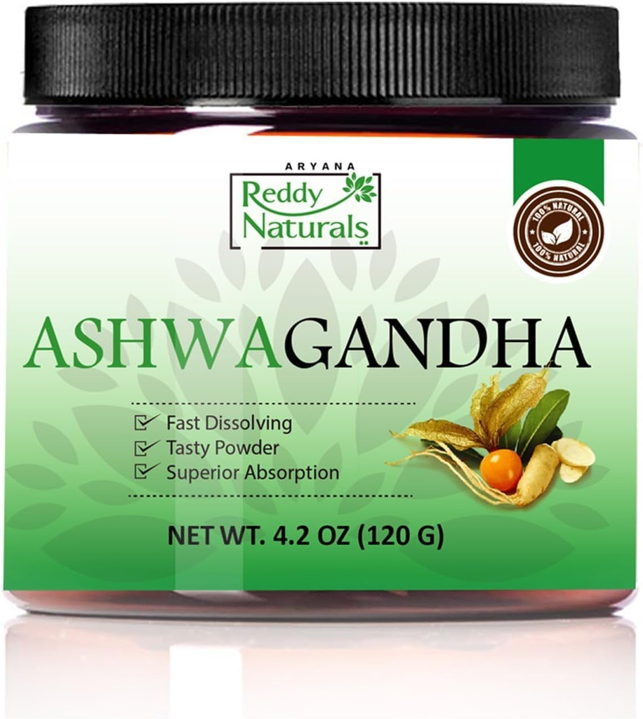 Reddy Naturals Aryana Puro pó orgânico Ashwagandha - Extrato de raiz de alta potência com 10% de Withanolides - sabor laranja natural para estresse e suporte energético - 4.2 OZ (120g)