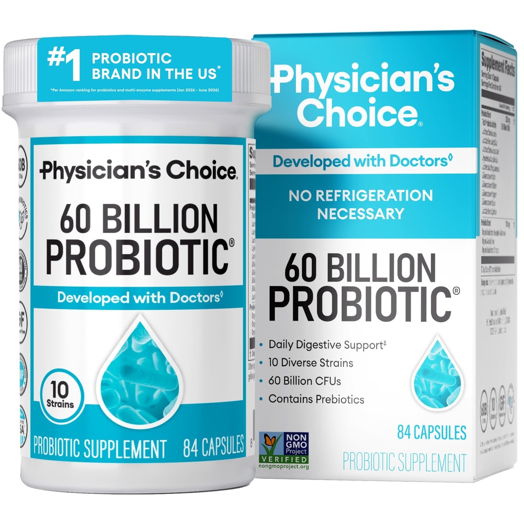 Médico Choice Probióticos 60 Bilhões UFC - 10 Strains + Prebióticos Orgânicos - Imune, Digestive & Gut Health - Suporta Obstipação Ocasional, Diarréia, Gás e Bloating - para Mulheres & Homens - 84ct