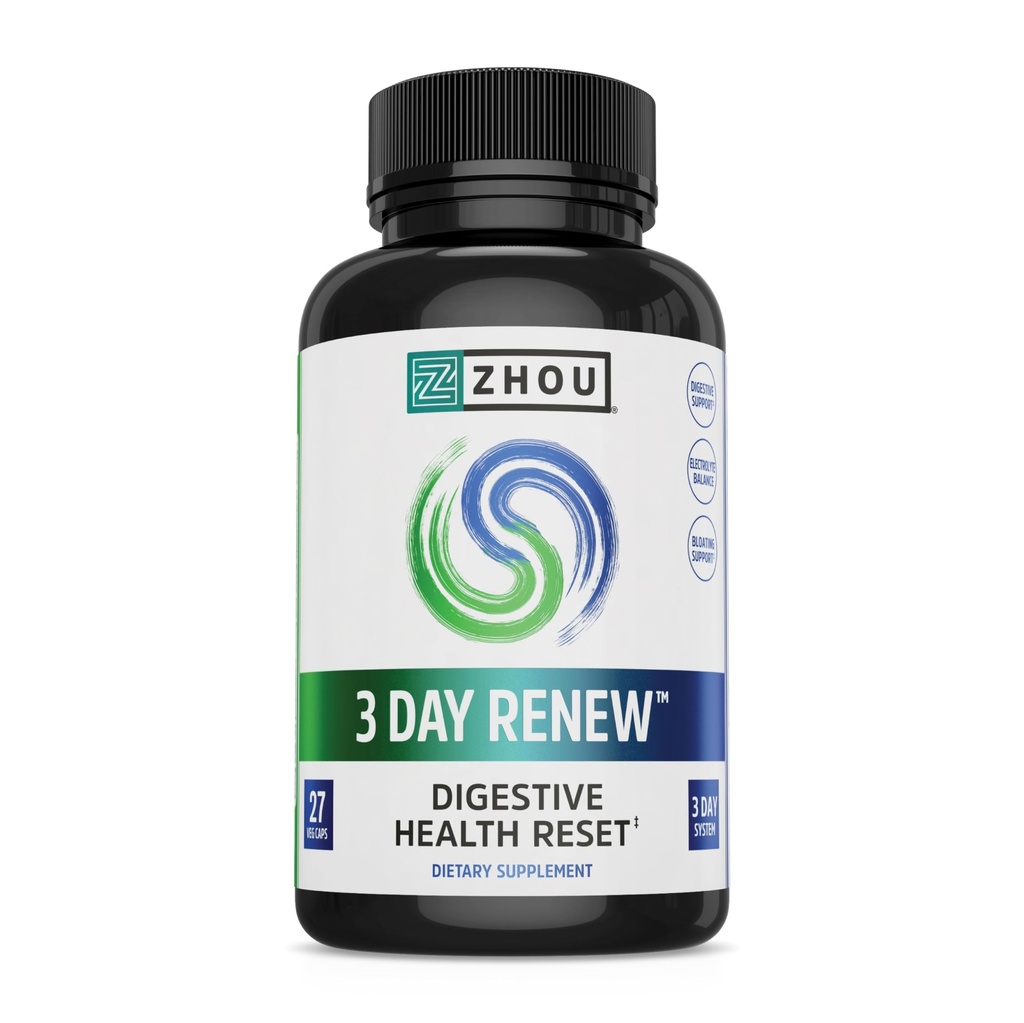 Zhou 3 Day Renew - Probióticos para a Saúde Digestiva, Probióticos para homens e mulheres, Gut Health & Natural Reset Supplement Support com Ginger e Aloe - 27 Veg Caps