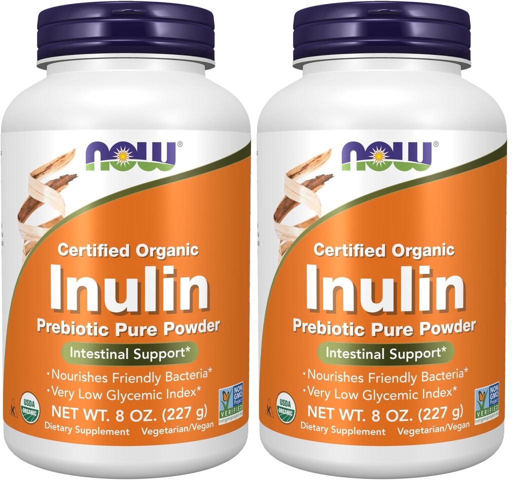 Now Supplements, Inulin Prebiotic Pure Powder, Certified Organic, Non-GMO Project Verificado, Suporte intestinal*, 8-Ount (Pack of 2)
