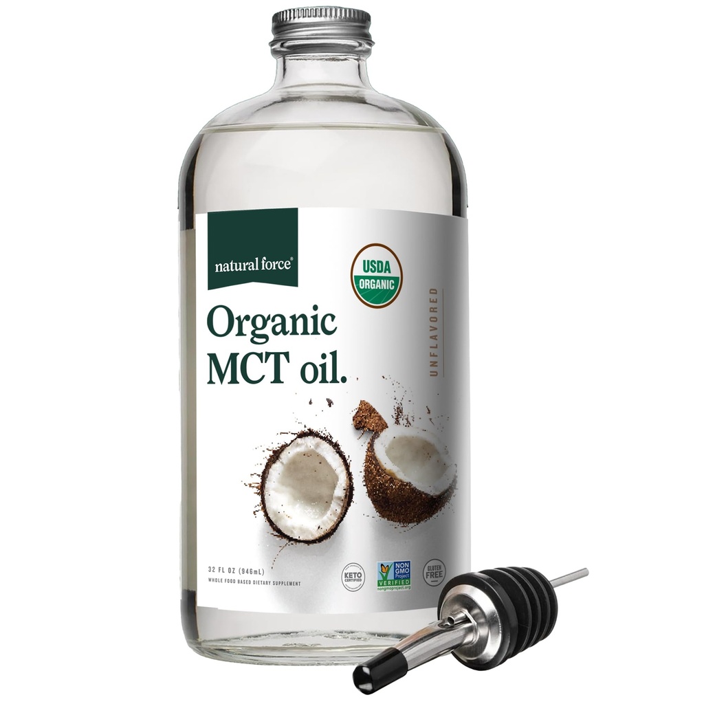 Natural Force Organic MCT Oil – Frasco de vidro puro – Feito de 100% frio prensado óleo de coco virgem + Certificado Keto, Paleo, Kosher, Vegan & Non-GMO – Laboratório testado para a qualidade e pureza - 32 Ounce