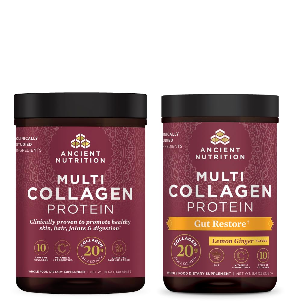 Nutrição antiga Pó de proteína de colágeno multi, sem sabor, 45 Servings + Pó de proteína de colágeno multi, Restauração de intestino, 20 Servings