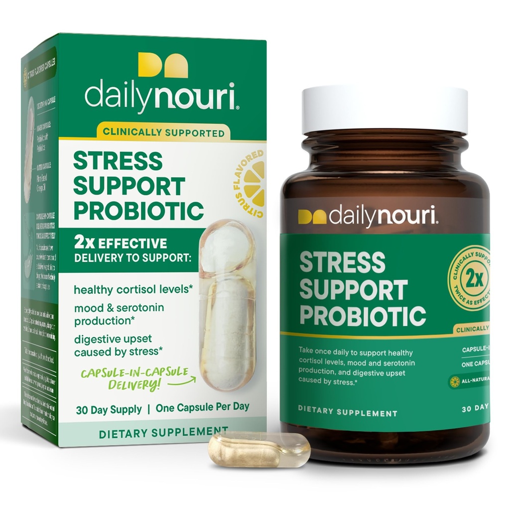 Diariamente Nouri Stress Support Probiótico para mulheres e homens Suporta gestão de cortisol, alívio de estresse, humor, digestion & gut saúde      , 3 clinicamente estudado Strains + Vegan Omega Oil , 30-dia fornecimento
