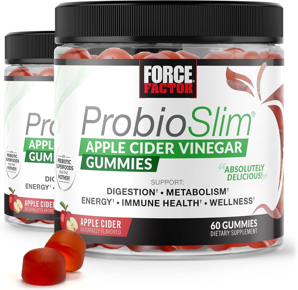 FORCE FACTOR ProbioSlim Apple Cider Vinagre Gummies, 2-Pack, com Vinagre de Cidante de Apple Orgânico e LactoSpore Probióticos e Prebióticos para apoiar Digestão, Metabolismo e Saúde Imune, 120 Gummies