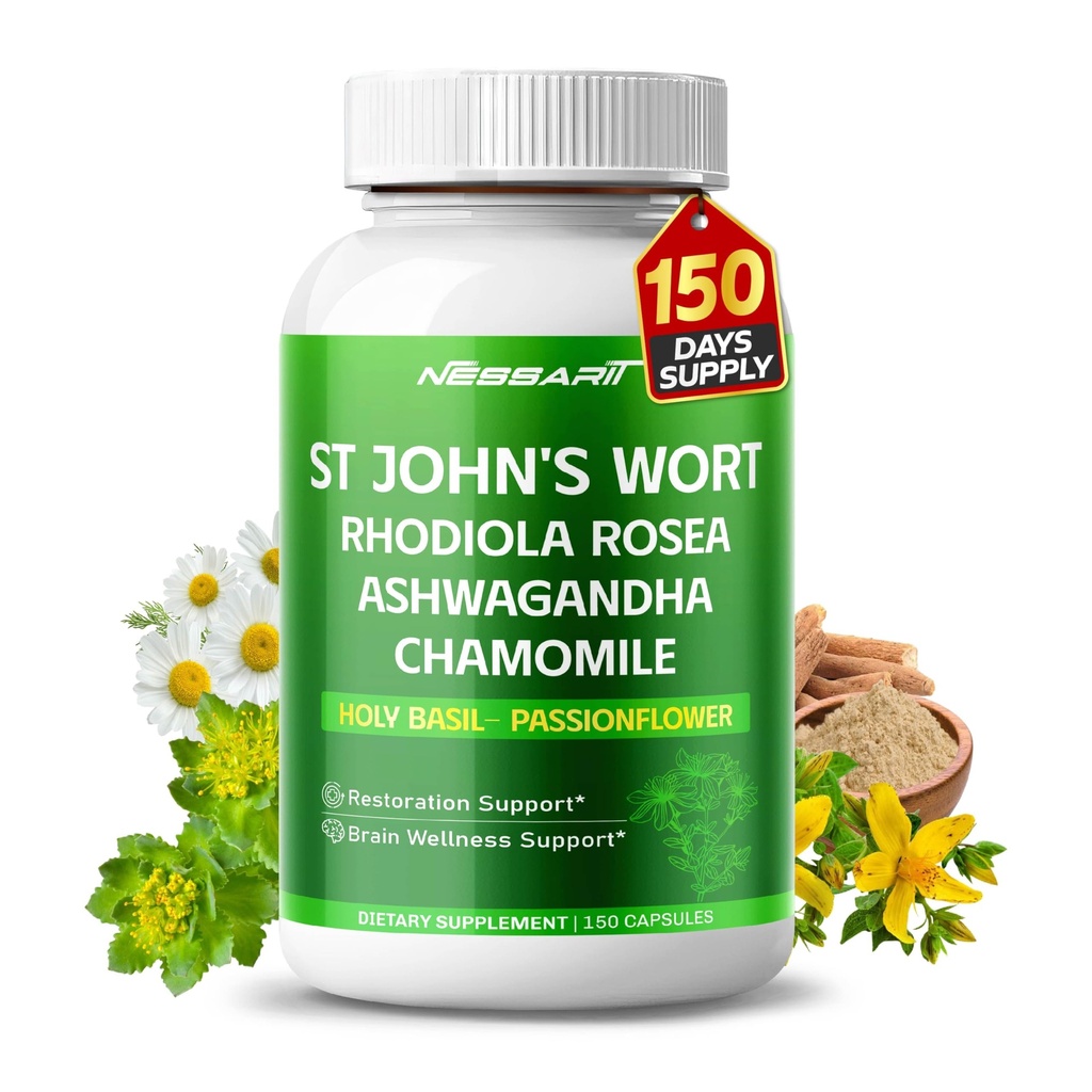 St John's Wort 14-in-1 Mistura Natural com Rhodiola Ashwagandha Camomila Holy Basil L-Theanina Valerian Passionflower - 150 Count - Made & Tested in The USA