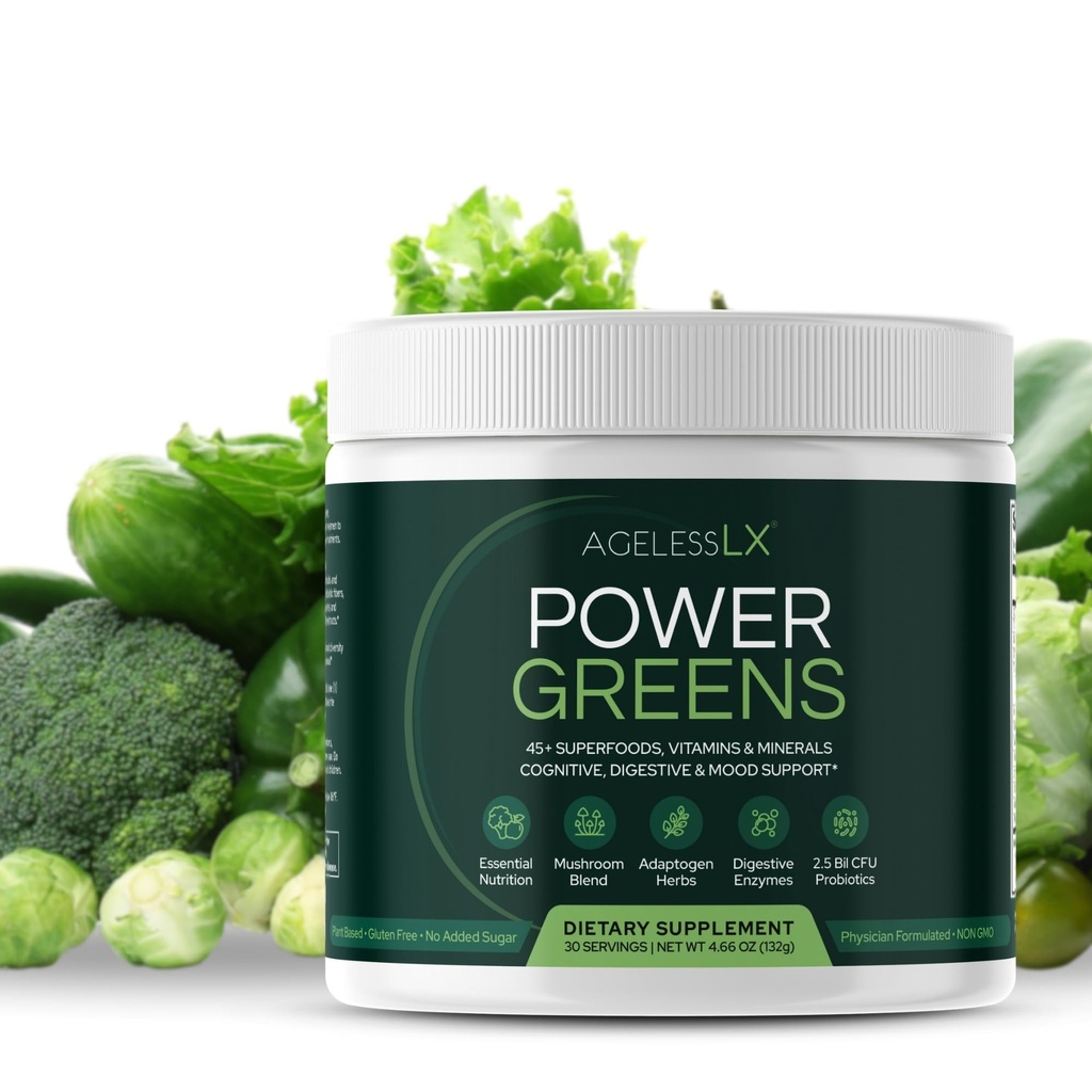 IdosoLX Power Greens, 42 Superalimentos com Probióticos, Enzimas e Fibra Prebiótica para Energia, Imunidade e Saúde Digestiva Melhoradas, 30 Servimentos