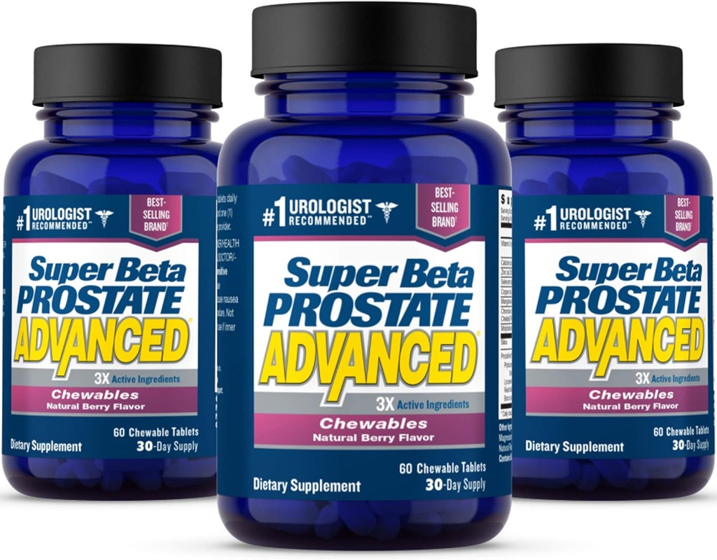 SUPER BETA PROSTATE Mastigações avançadas - Suplemento de suporte de próstata para a saúde dos homens (180 mastigações, 3-Pack)