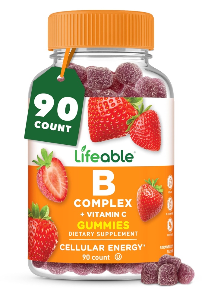 Vitamina B Vitamina Vitamina Complex Gummies para Adultos com Vitamina C grande sabor Vitamina B Gummies para Energia e Nerve System Vegan B Vitaminas Complex para Mulheres, Homens 90 chicletes