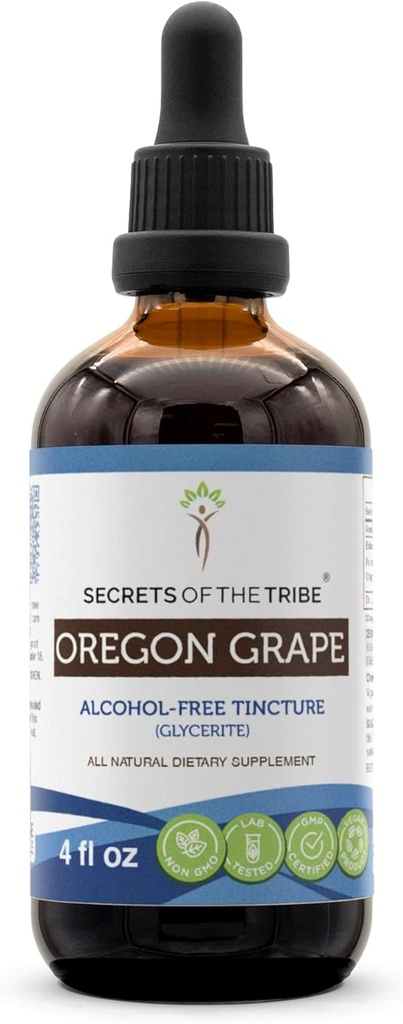 Segredos da tribo Oregon Grape Alcohol-Free Liquid Extract, responsavelmente cultivada Oregon Grape (Mahonia aquifolium) Raíz seca (4 FL OZ)