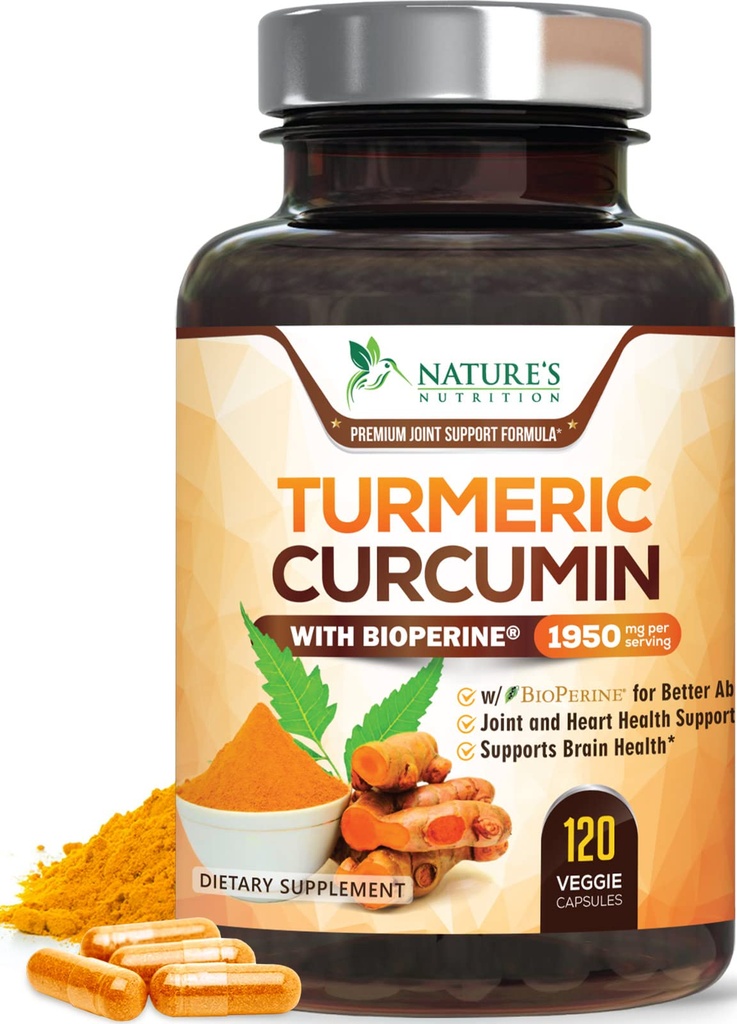 Suplemento de Curcumina Turmérica 1950mg - 95% Curcuminóides com extrato de pimenta preta orgânica e bioperine para melhor absorção, apoio comum Vegan da natureza, não-GMO, engarrafado nos EUA - 120 cápsulas