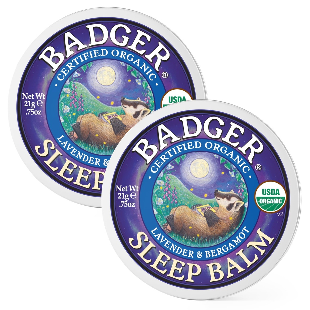 Badger Balm do sono, óleo essencial orgânico Aromaterapia Natural Balm do sono para adultos e crianças, Relaxando e acalmando Lavanda & Bergamot Suporte natural do sono, .75 oz Tin, 2-Pack