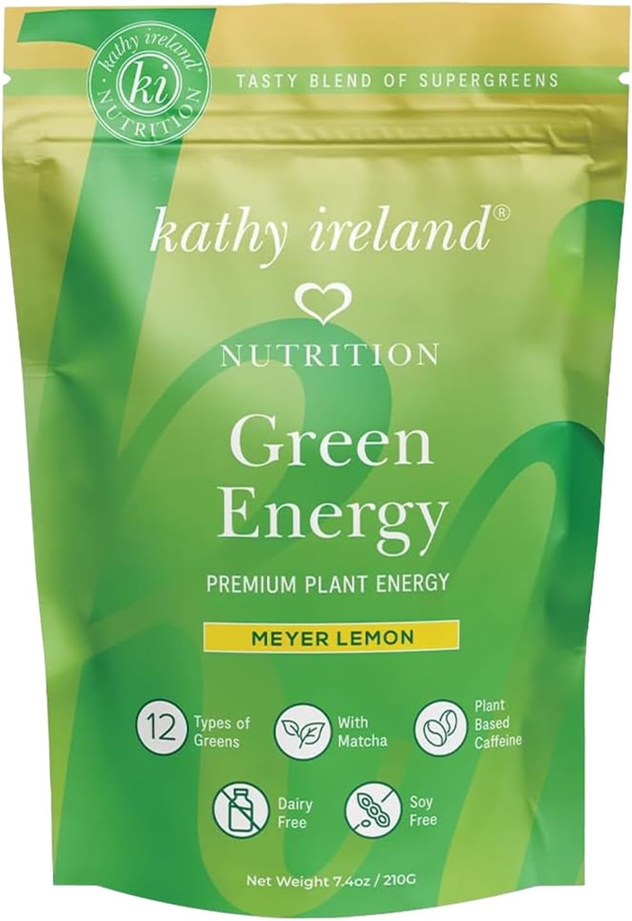 Kathy Irlanda Super Greens Energia Pó, Clean Energy Drink Mix with Matcha & Green Tea, Immune & Digestive Support Supplement, No Added Sugar, Meyer Lemon Flavor, 7.4 oz