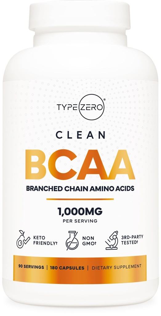 Tipo Zero BCAA 1000mg Aminoácidos de cadeia ramificada (180 Cápsulas, 90 Servos) com 500mg de L-Leucina, 1000mg de L-Isoleucina e L-Valina
