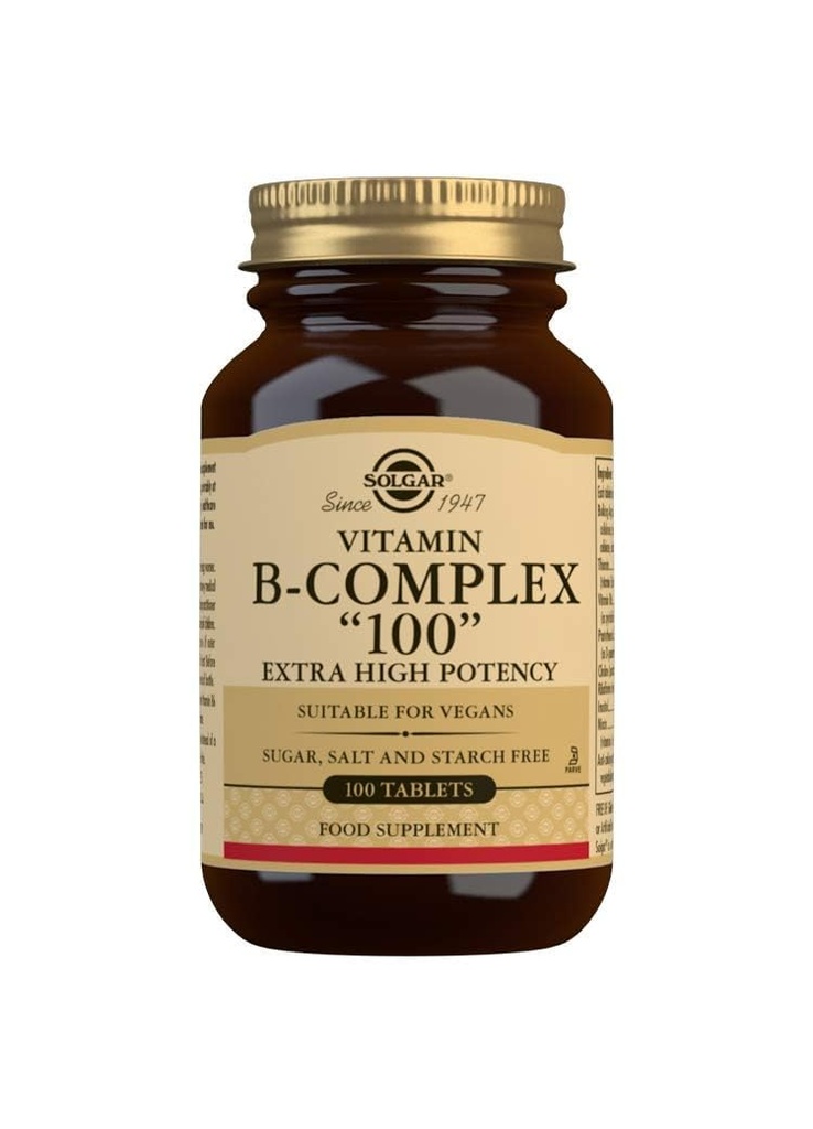 Solgar B-Complex 100" - 100 Comprimidos - Metabolismo Energético, Saúde Cardiovascular, Apoio ao Sistema Nervoso - Não-GMO, Vegan, Gluten Free - 100 Servings