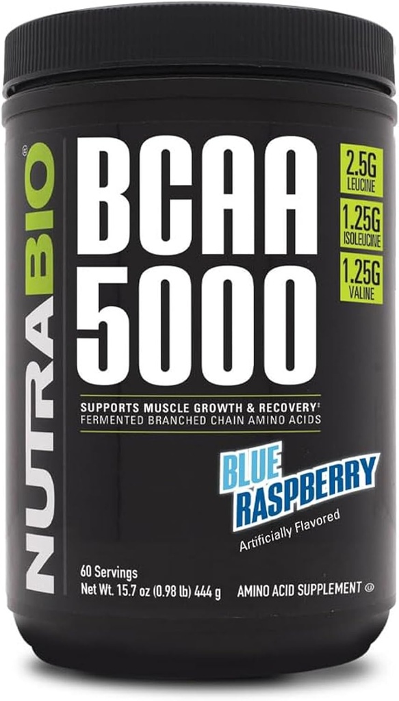 NutraBio BCAA 5000 Pó - Vegan Fermented BCAAs - Suporta crescimento muscular magro, Recuperação, Endurance - 60 Servings - Framboesa Azul