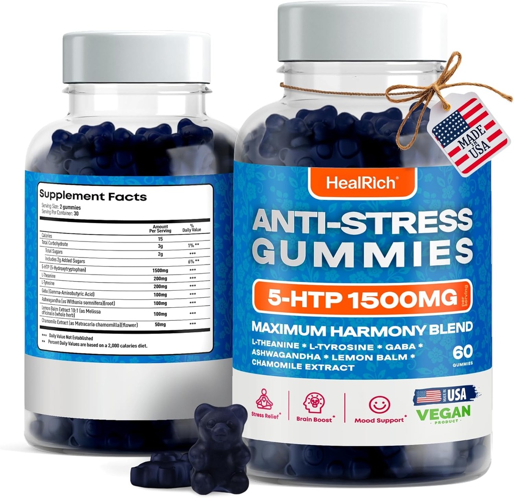 Pastilhas de alívio de estresse - 1500MG 5HTP com L-Theanina Gaba & L-Tyrosine - Suplemento de ervas Ashwagandha Suporta alerta intelectual Mood Booost suplementos de humor Vegan para crianças e adultos Made in USA
