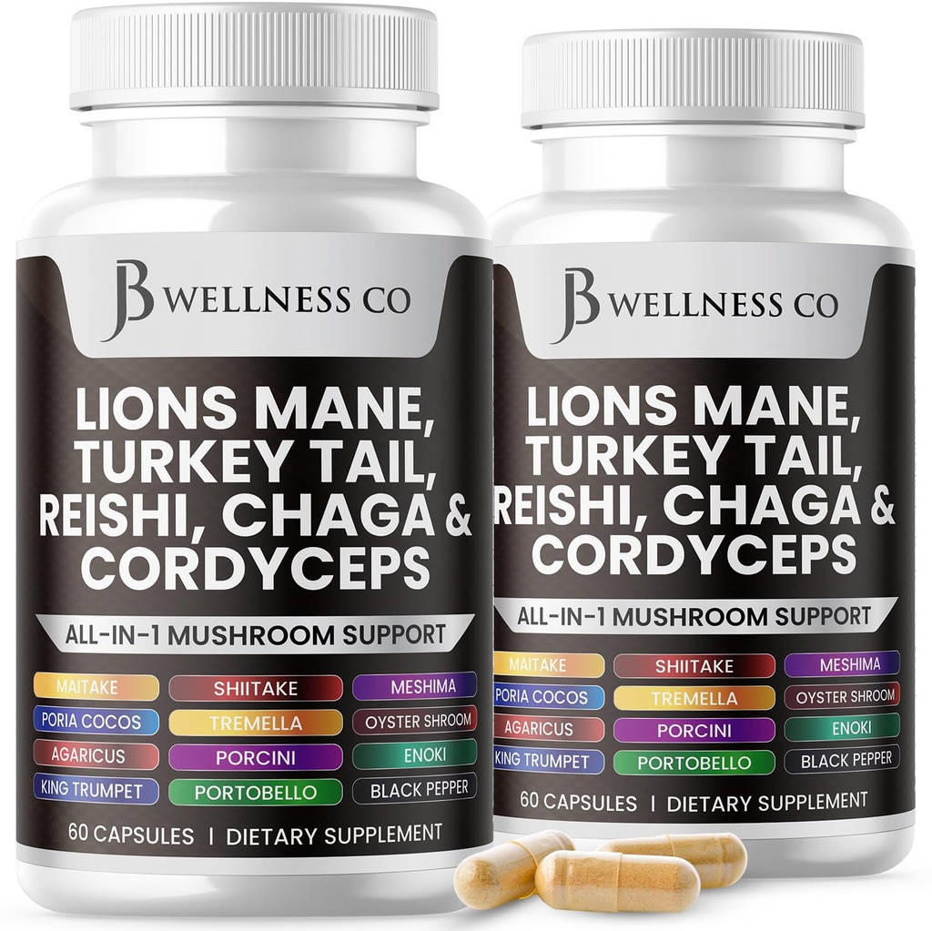 Lions Mane Supplement Cognitive Support, Imune Health with Turkey Tail 20in1 Mushroom Reishi Cordyceps Chaga with Marshmallow Root - 120 Count