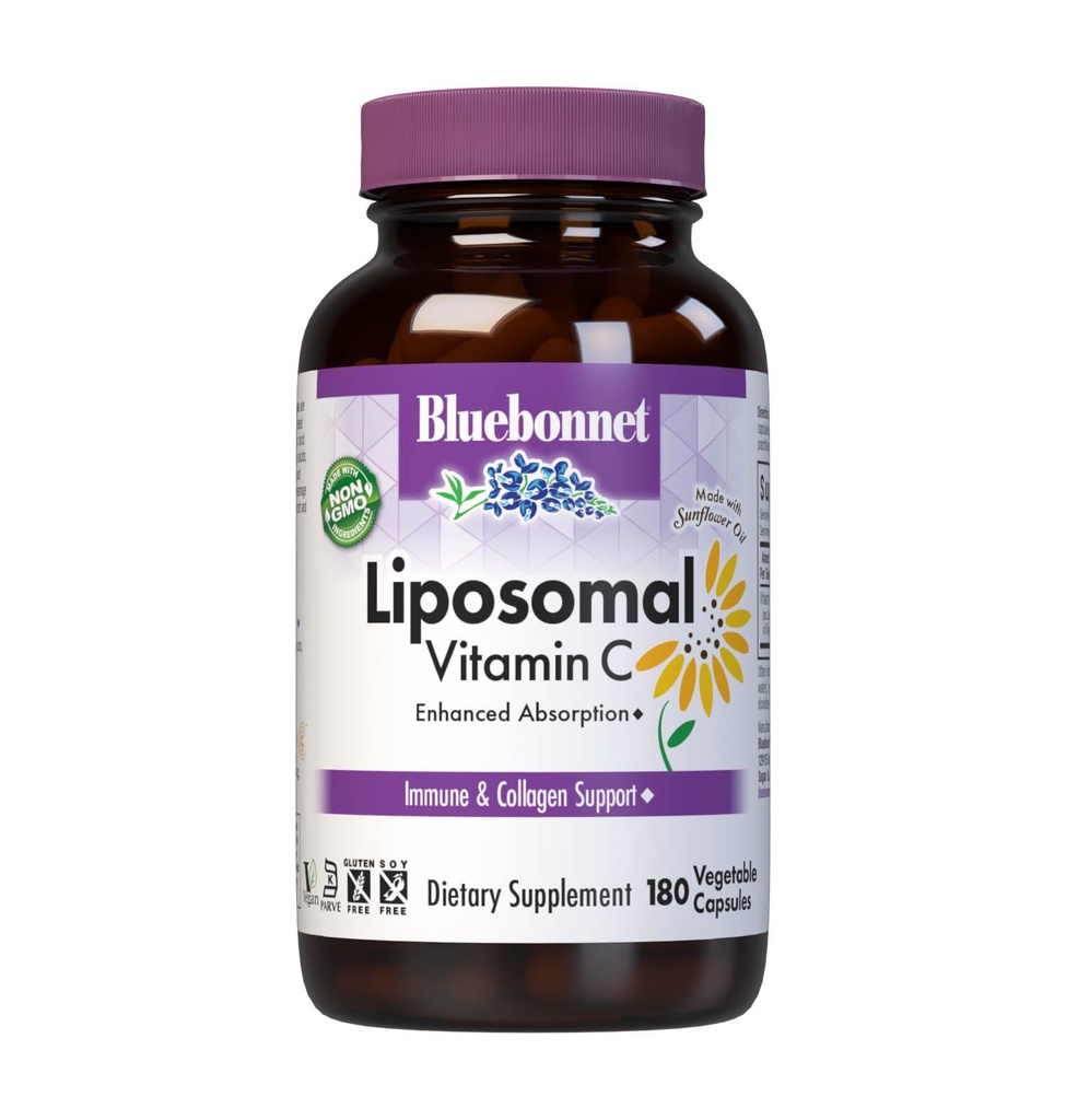 BlueBonnet Nutrition Vitamina lipossomal C 1000 mg, Made with Sunflower Oil, Imune & Joint Comfort*, Vegan, Kosher, Non-GMO, Gluten-Free, Soy-Free Milk-Free, 180 Cápsulas Vegetais, 90 Servings