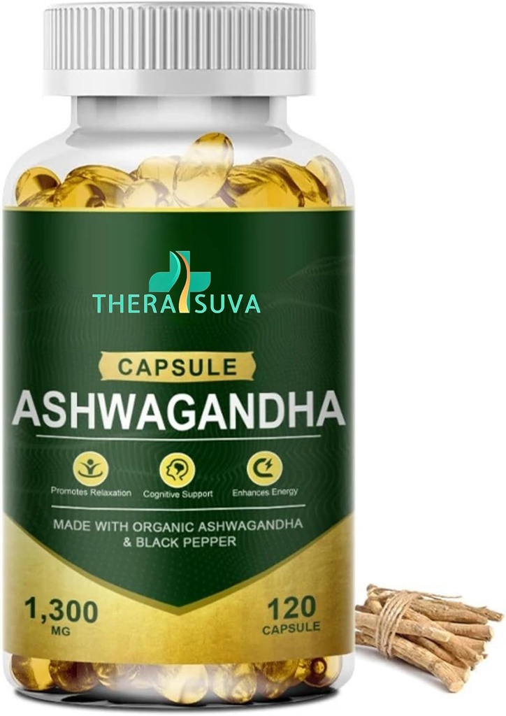 Orgânico Ashwagandha + Pimenta preta, todo suplemento natural de alta potência para alívio de estresse e vitalidade 120 Softgels, 60-Dia de fornecimento