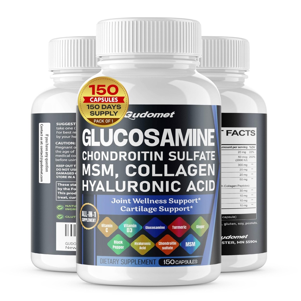 Glucosamina sulfato de condroitina Metilsulfonilmetano Ácido hialurónico Ginger C, D3, Pimenta preta -150 Cápsulas- Made in USA