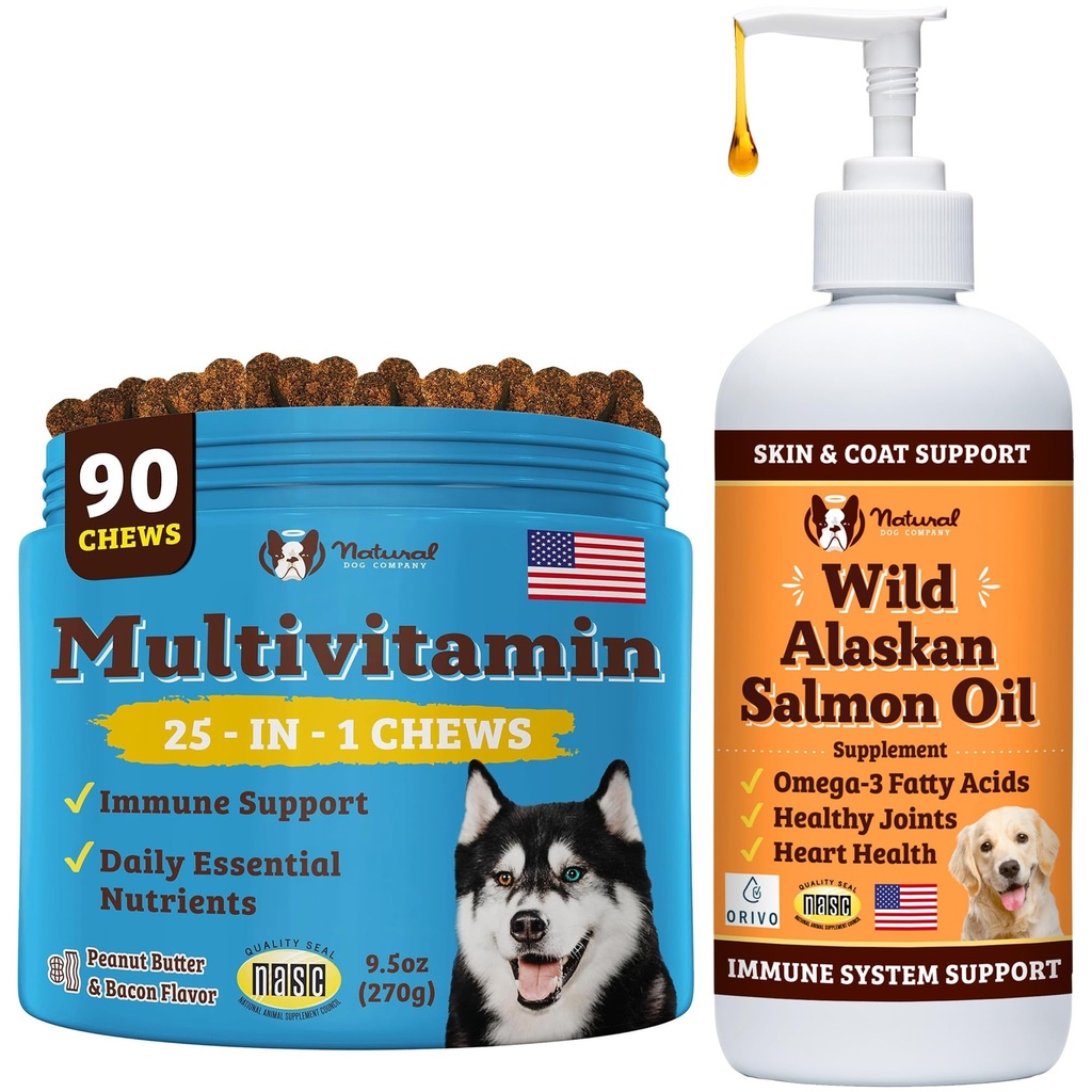 Natural Dog Company Wellness Bundle para cães, óleo de salmão para cães, multivitamina e Suplemento, Itch Relief